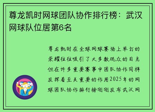 尊龙凯时网球团队协作排行榜：武汉网球队位居第6名