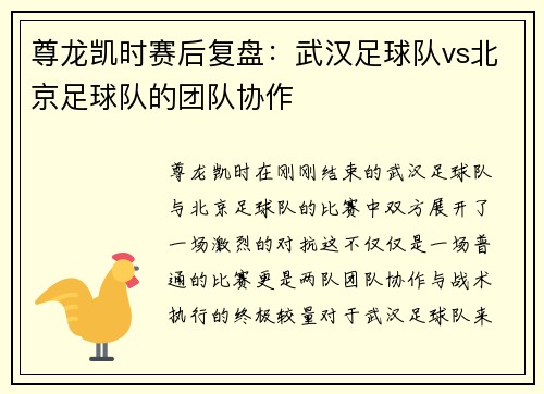 尊龙凯时赛后复盘：武汉足球队vs北京足球队的团队协作