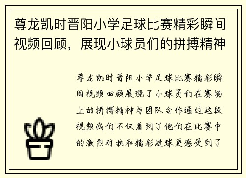 尊龙凯时晋阳小学足球比赛精彩瞬间视频回顾，展现小球员们的拼搏精神与团队合作