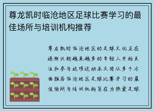 尊龙凯时临沧地区足球比赛学习的最佳场所与培训机构推荐