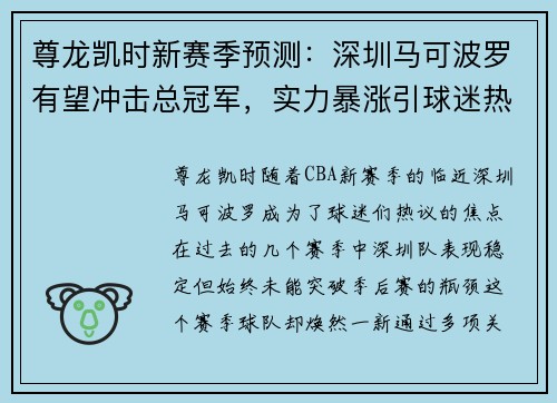 尊龙凯时新赛季预测：深圳马可波罗有望冲击总冠军，实力暴涨引球迷热议
