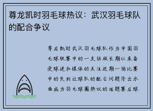 尊龙凯时羽毛球热议：武汉羽毛球队的配合争议