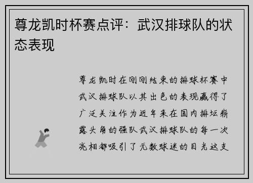 尊龙凯时杯赛点评：武汉排球队的状态表现