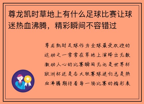 尊龙凯时草地上有什么足球比赛让球迷热血沸腾，精彩瞬间不容错过