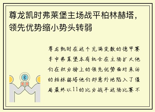 尊龙凯时弗莱堡主场战平柏林赫塔，领先优势缩小势头转弱