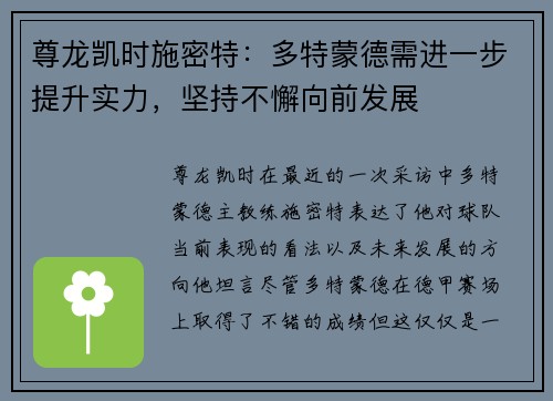尊龙凯时施密特：多特蒙德需进一步提升实力，坚持不懈向前发展