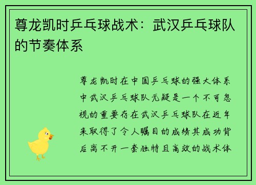 尊龙凯时乒乓球战术：武汉乒乓球队的节奏体系